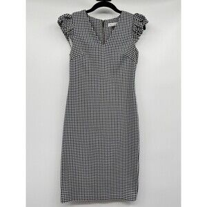 Calvin Klein Gingham Plaid Sheath Pencil Dress 2 Navy Cap Sleeves V Neck Career